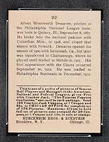 1915 E145-2 Cracker Jack #92 Al Demaree New York (National) - Back