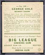 1933 Goudey #100 George Uhle Detroit Tigers - Back