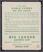 1933 Goudey #103 Earl Combs New York Yankees - Back