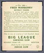 1933 Goudey #104 Fred Marberry Detroit Tigers - Back