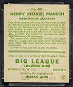 1933 Goudey #107 Henry (Heinie) Manush Washington Senators - Back