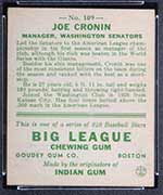 1933 Goudey #109 Joe Cronin Washington Senators - Back
