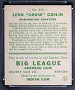 1933 Goudey #110 Leon “Goose” Goslin Washington Senators - Back