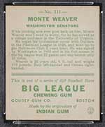 1933 Goudey #111 Monte Weaver Washington Senators - Back
