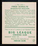 1933 Goudey #112 Fred Schulte Washington Senators - Back