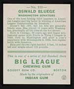 1933 Goudey #113 Oswald Bluege Washington Senators - Back
