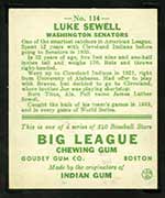 1933 Goudey #114 Luke Sewell Washington Senators - Back