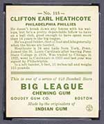 1933 Goudey #115 Clifton Earl Heathcote Philadelphia Phillies - Back