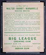 1933 Goudey #117 Walter (Rabbit) Maranville Boston Braves - Back