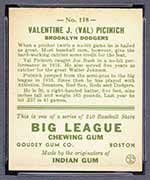 1933 Goudey #118 Valentine J. (Val) Picinich Brooklyn Dodgers - Back