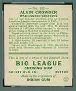 1933 Goudey #122 Alvin Crowder Washington Senators - Back