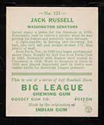 1933 Goudey #123 Jack Russell Washington Senators - Back