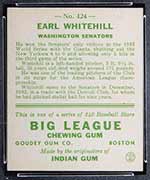 1933 Goudey #124 Earl Whitehill Washington Senators - Back
