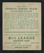 1933 Goudey #128 Charles (Chuck) Klein Philadelphia Phillies - Back