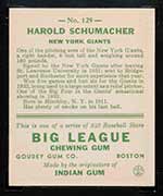 1933 Goudey #129 Harold Schumacher New York Giants - Back