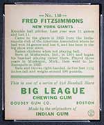 1933 Goudey #130 Fred Fitzsimmons New York Giants - Back