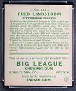 1933 Goudey #133 Fred Lindstrom Pittsburgh Pirates - Back