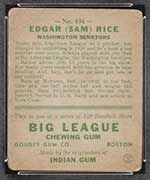 1933 Goudey #134 Edgar (Sam) Rice Washington Senators - Back