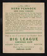 1933 Goudey #138 Herb Pennock New York Yankees - Back