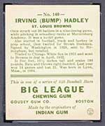 1933 Goudey #140 Irving (Bump) Hadley St. Louis Browns - Back