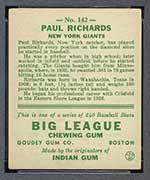 1933 Goudey #142 Paul Richards New York Giants - Back