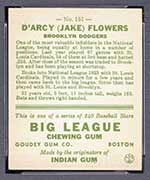 1933 Goudey #151 D’Arcy (Jake) Flowers Brooklyn Dodgers - Back