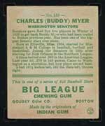 1933 Goudey #153 Charles (Buddy) Myer Washington Senators - Back