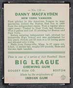 1933 Goudey #156 Danny MacFayden New York Yankees - Back