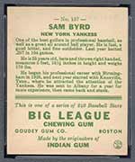1933 Goudey #157 Sam Byrd New York Yankees - Back