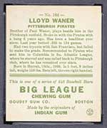 1933 Goudey #164 Lloyd Waner Pittsburgh Pirates - Back