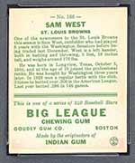 1933 Goudey #166 Sam West St. Louis Browns - Back