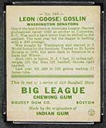 1933 Goudey #168 Leon (Goose) Goslin Washington Senators - Back