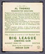 1933 Goudey #169 Al Thomas Washington Senators - Back