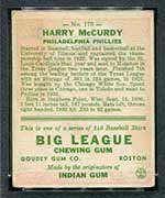 1933 Goudey #170 Harry McCurdy Philadelphia Phillies - Back
