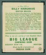 1933 Goudey #172 Billy Hargrave Boston Braves - Back