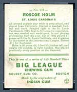 1933 Goudey #173 Roscoe Holm St. Louis Cardinals - Back