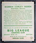 1933 Goudey #174 Warren (Curley) Ogden Montreal Royals - Back