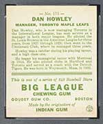 1933 Goudey #175 Dan Howley Toronto Maple Leafs - Back