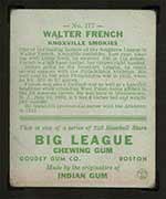 1933 Goudey #177 Walter French Knoxville Smokies - Back