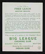 1933 Goudey #179 Fred Leach Boston Braves - Back