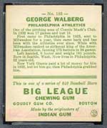 1933 Goudey #183 George Walberg Philadelphia Athletics - Back