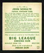 1933 Goudey #186 John Schulte Chicago Cubs - Back