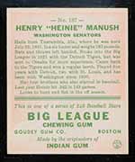 1933 Goudey #187 Henry “Heinie” Manush Washington Senators - Back
