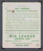 1933 Goudey #189 Joe Cronin Washington Senators - Back