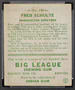 1933 Goudey #190 Fred Schulte Washington Senators - Back