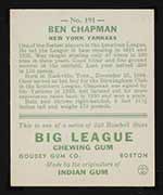 1933 Goudey #191 Ben Chapman New York Yankees - Back