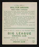 1933 Goudey #192 Walter Brown New York Yankees - Back