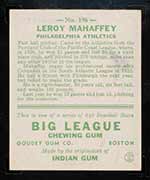 1933 Goudey #196 Leroy Mahaffey Philadelphia Athletics - Back