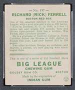 1933 Goudey #197 Richard (Rick) Ferrell Boston Red Sox - Back