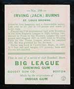 1933 Goudey #198 Irving (Jack) Burns St. Louis Browns - Back